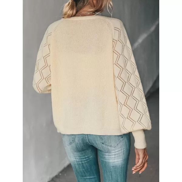 imageCUPSHE Women Crochet Knit ButtonFront Cardigan for Winter Long Sleeve Ribbed Trim VNeck KnitwearChampagne