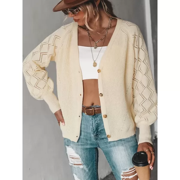 imageCUPSHE Women Crochet Knit ButtonFront Cardigan for Winter Long Sleeve Ribbed Trim VNeck KnitwearChampagne