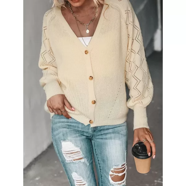 imageCUPSHE Women Crochet Knit ButtonFront Cardigan for Winter Long Sleeve Ribbed Trim VNeck KnitwearChampagne