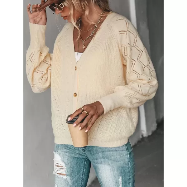 imageCUPSHE Women Crochet Knit ButtonFront Cardigan for Winter Long Sleeve Ribbed Trim VNeck KnitwearChampagne
