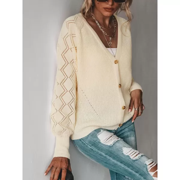 imageCUPSHE Women Crochet Knit ButtonFront Cardigan for Winter Long Sleeve Ribbed Trim VNeck KnitwearChampagne