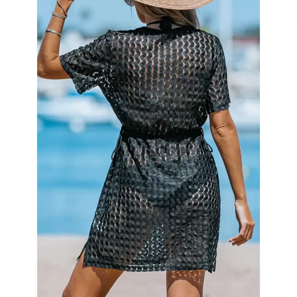 imageCUPSHE Women Crochet Mesh CoverUp Dress Short Sleeves Sexy Beach Cover Up Casual SummerBlack