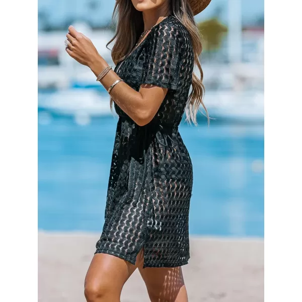 imageCUPSHE Women Crochet Mesh CoverUp Dress Short Sleeves Sexy Beach Cover Up Casual SummerBlack