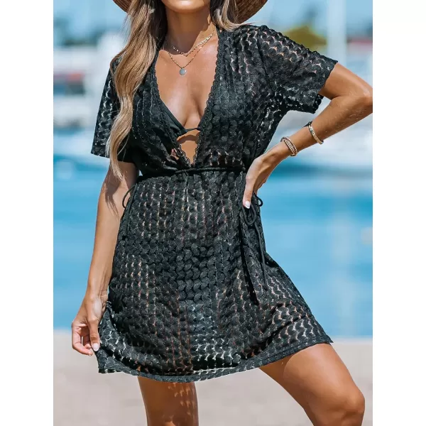 imageCUPSHE Women Crochet Mesh CoverUp Dress Short Sleeves Sexy Beach Cover Up Casual SummerBlack