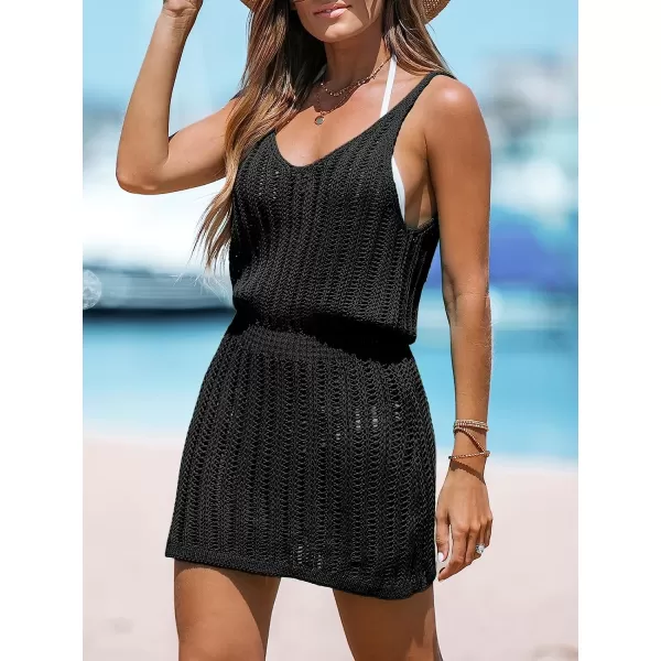 imageCUPSHE Women Crochet Mini CoverUp Dress Casual Summer Shoulder Straps Beach Sleeveless Short Cover UpBlack