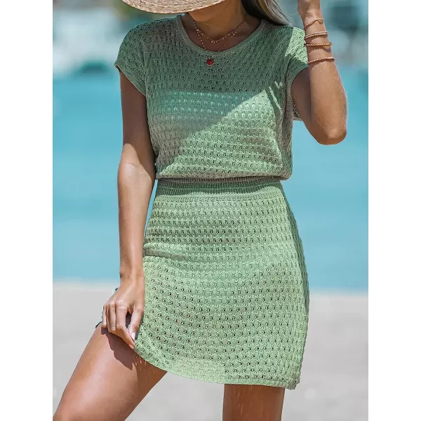 imageCUPSHE Women Crochet Round Neck Mini CoverUp Dress Lace Cover Ups Casual Beach SummerGreen