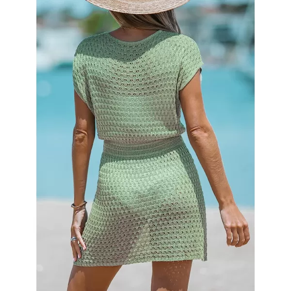 imageCUPSHE Women Crochet Round Neck Mini CoverUp Dress Lace Cover Ups Casual Beach SummerGreen