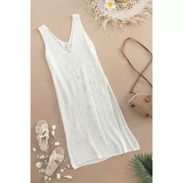 imageCUPSHE Women Crochet Swimsuit Cover Up Sleeveless Hollow Out Long Swim Coverup 2024 Split Mesh Beach DressCream White