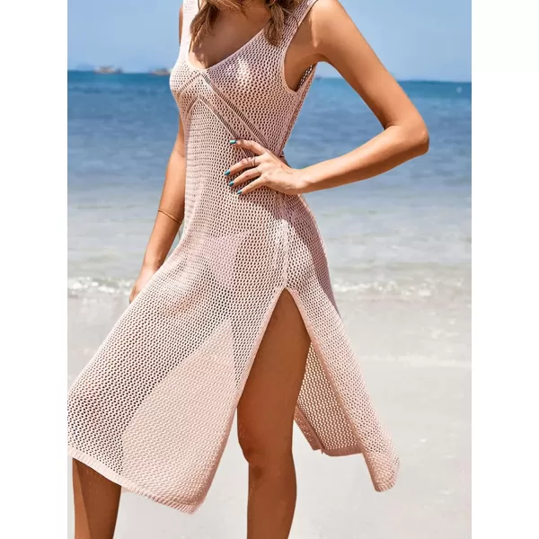 imageCUPSHE Women Crochet Swimsuit Cover Up Sleeveless Hollow Out Long Swim Coverup 2024 Split Mesh Beach DressPink