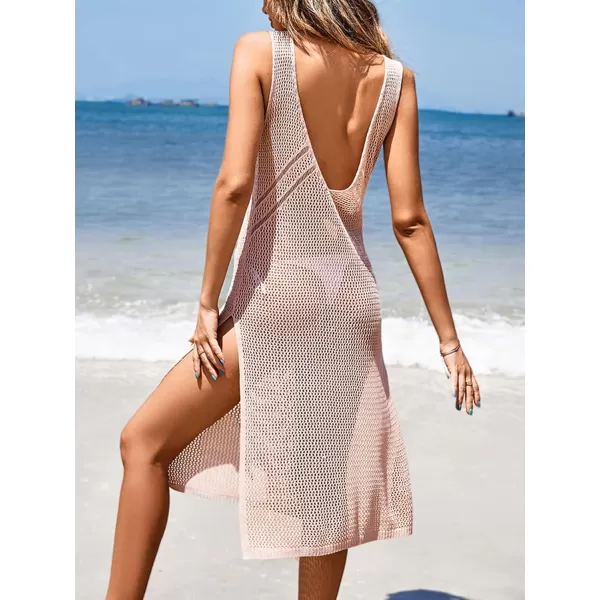 imageCUPSHE Women Crochet Swimsuit Cover Up Sleeveless Hollow Out Long Swim Coverup 2024 Split Mesh Beach DressPink