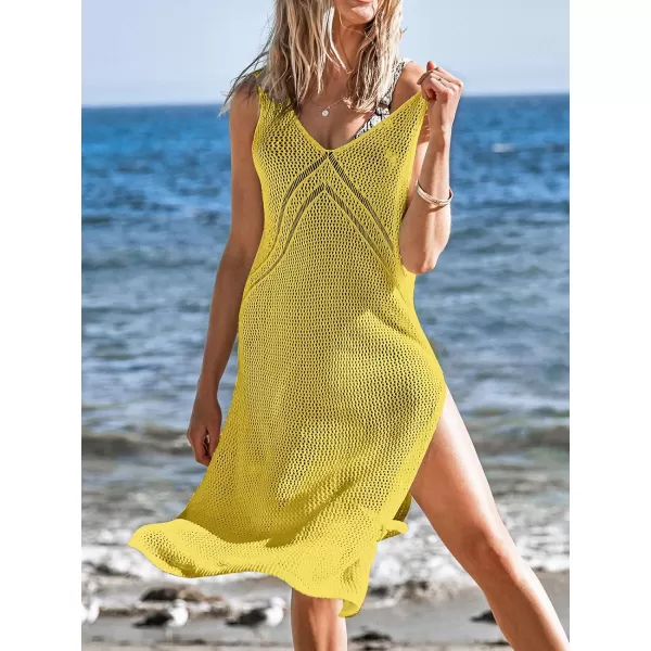 imageCUPSHE Women Crochet Swimsuit Cover Up Sleeveless Hollow Out Long Swim Coverup 2024 Split Mesh Beach DressYellow