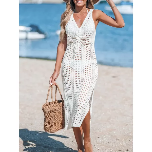 imageCUPSHE Women Crochet Swimsuit Cover Ups Sleeveless Drawstring Bathing Suit Beach Coverup Midi DressWhite