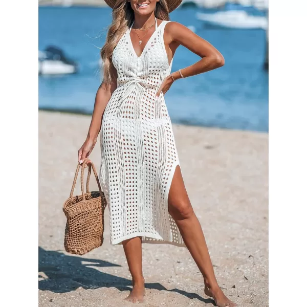 imageCUPSHE Women Crochet Swimsuit Cover Ups Sleeveless Drawstring Bathing Suit Beach Coverup Midi DressWhite