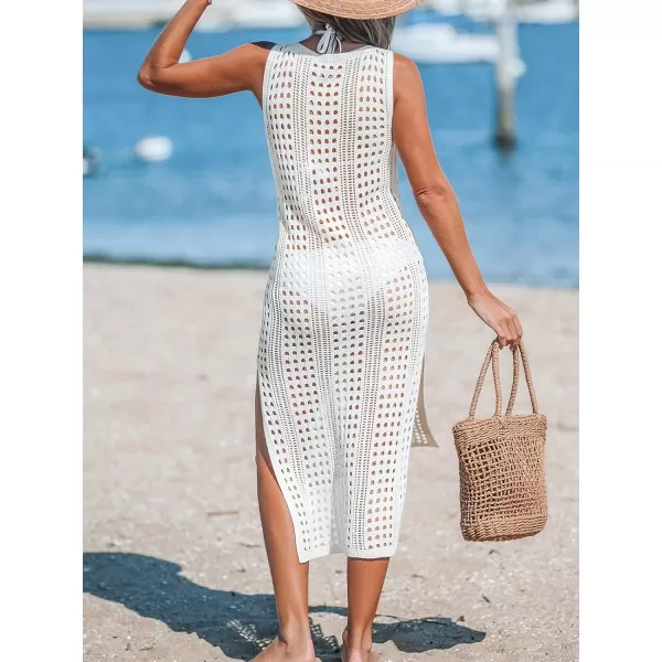 imageCUPSHE Women Crochet Swimsuit Cover Ups Sleeveless Drawstring Bathing Suit Beach Coverup Midi DressWhite