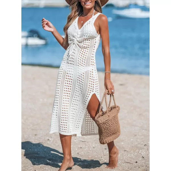 imageCUPSHE Women Crochet Swimsuit Cover Ups Sleeveless Drawstring Bathing Suit Beach Coverup Midi DressWhite