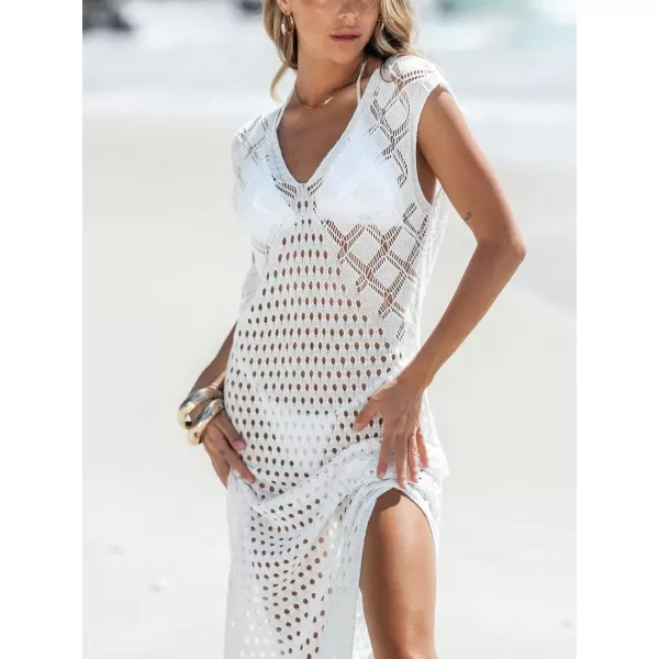 imageCUPSHE Women Crochet VNeck Maxi CoverUp Dress Sleeveless Lace Sexy Beach Cover Up Casual SummerWhite