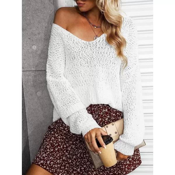 imageCUPSHE Women Crochet VNeck Sweater Long Sleeves Dropped Shoulders Relaxed Fit Sweaters DatingWhite