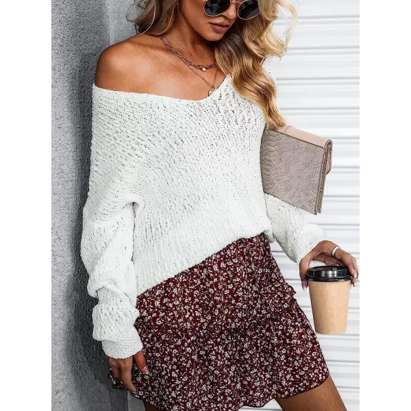 imageCUPSHE Women Crochet VNeck Sweater Long Sleeves Dropped Shoulders Relaxed Fit Sweaters DatingWhite