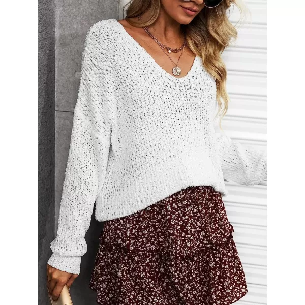 imageCUPSHE Women Crochet VNeck Sweater Long Sleeves Dropped Shoulders Relaxed Fit Sweaters DatingWhite