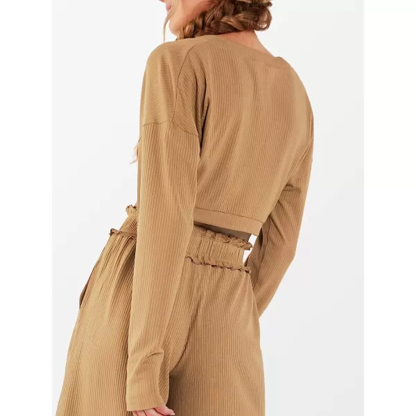 imageCUPSHE Women Crop Sweatshirts Front Open VNeck Long Sleeve Top BrownCUPSHE Women Crop Sweatshirts Front Open VNeck Long Sleeve Top Brown