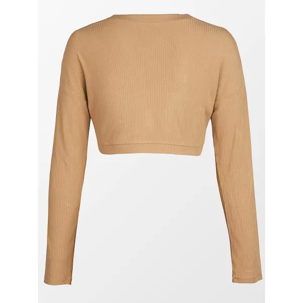 imageCUPSHE Women Crop Sweatshirts Front Open VNeck Long Sleeve Top BrownCUPSHE Women Crop Sweatshirts Front Open VNeck Long Sleeve Top Brown