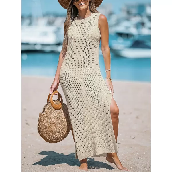 imageCUPSHE Women Cutout Bodycon Maxi CoverUp Dress Crew Neck Sleeveless Cover Up SummerBeige