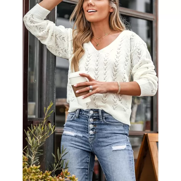 imageCUPSHE Women Cutout Crochet VNeck Sweater White Ribbed Trim Sweater with Long SleevesIvory White