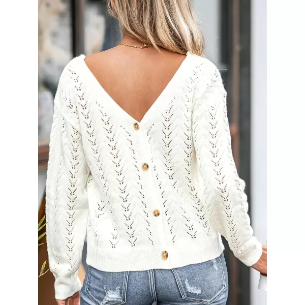 imageCUPSHE Women Cutout Crochet VNeck Sweater White Ribbed Trim Sweater with Long SleevesIvory White