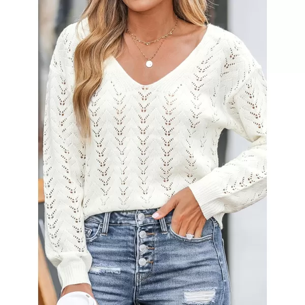 imageCUPSHE Women Cutout Crochet VNeck Sweater White Ribbed Trim Sweater with Long SleevesIvory White