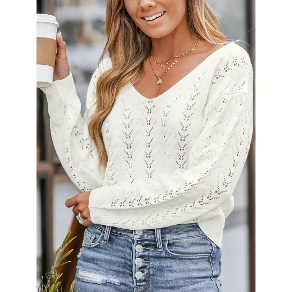 imageCUPSHE Women Cutout Crochet VNeck Sweater White Ribbed Trim Sweater with Long SleevesIvory White