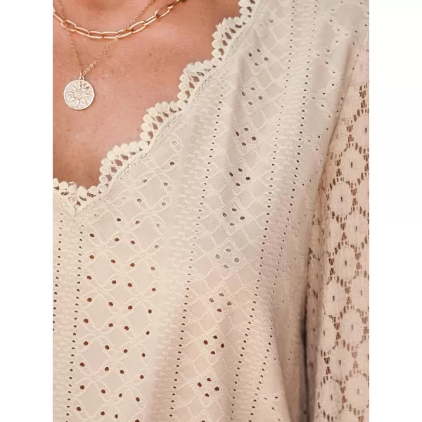 imageCUPSHE Women Cutout Scalloped Lace Top Long Lace Sleeves Shirts V Neck BlousesApricot