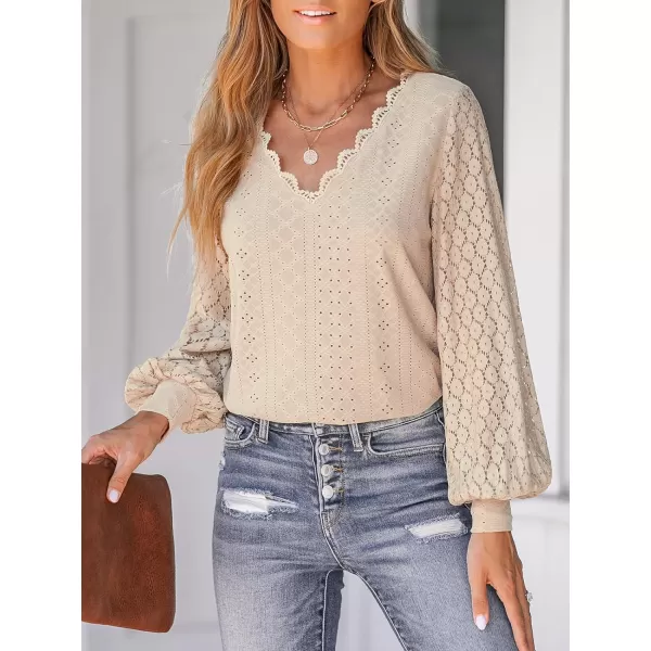 imageCUPSHE Women Cutout Scalloped Lace Top Long Lace Sleeves Shirts V Neck BlousesApricot