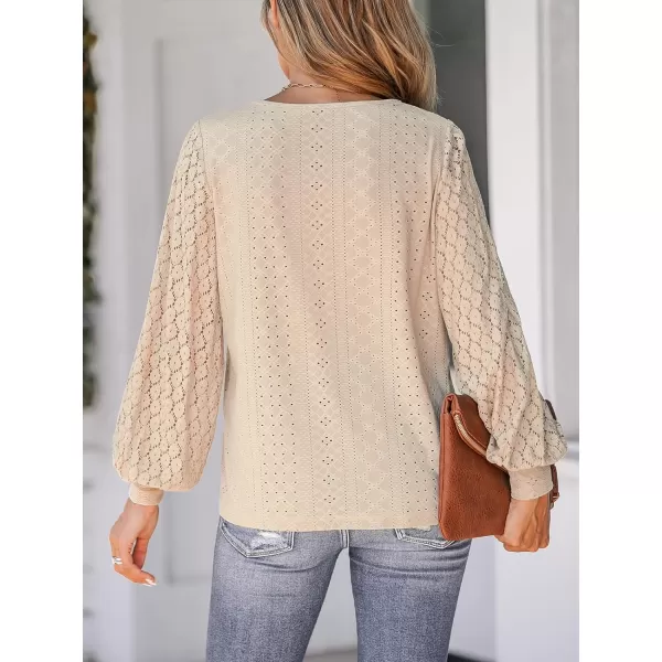 imageCUPSHE Women Cutout Scalloped Lace Top Long Lace Sleeves Shirts V Neck BlousesApricot