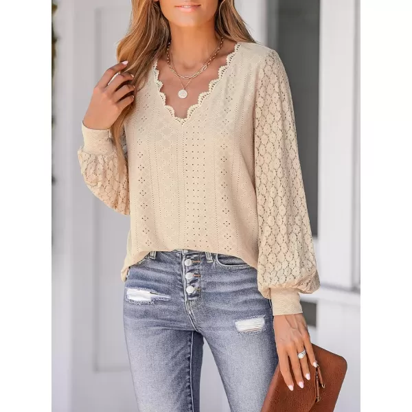 imageCUPSHE Women Cutout Scalloped Lace Top Long Lace Sleeves Shirts V Neck BlousesApricot