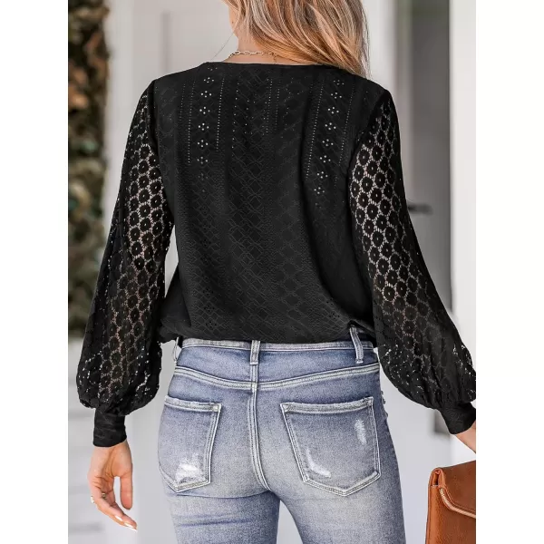 imageCUPSHE Women Cutout Scalloped Lace Top Long Lace Sleeves Shirts V Neck BlousesBlack