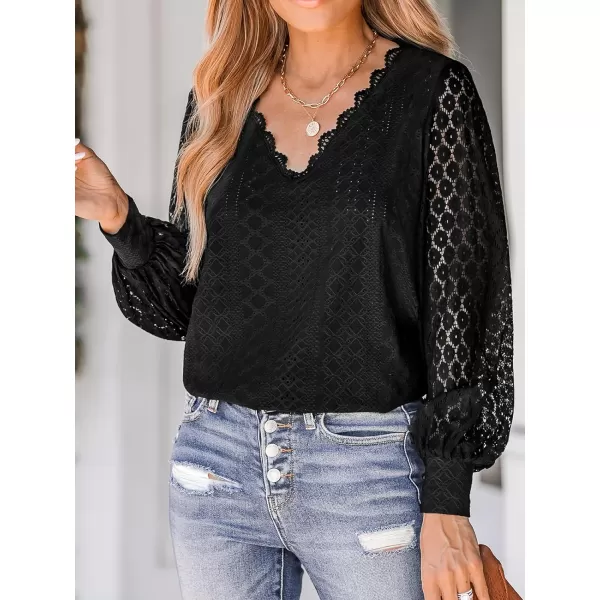 imageCUPSHE Women Cutout Scalloped Lace Top Long Lace Sleeves Shirts V Neck BlousesBlack
