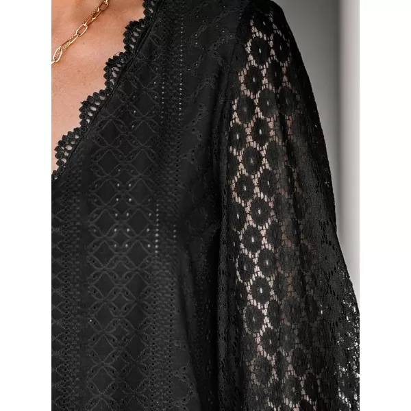 imageCUPSHE Women Cutout Scalloped Lace Top Long Lace Sleeves Shirts V Neck BlousesBlack