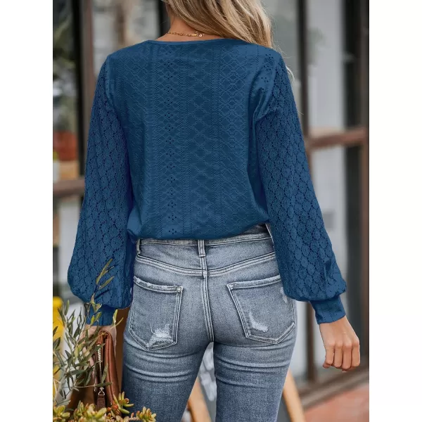 imageCUPSHE Women Cutout Scalloped Lace Top Long Lace Sleeves Shirts V Neck BlousesBlue