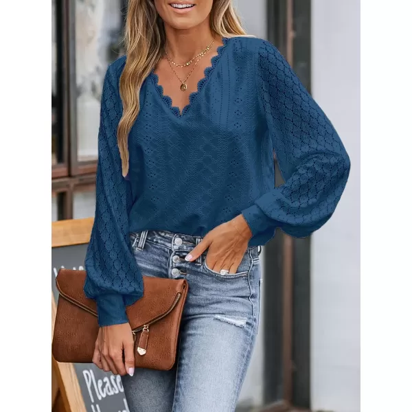 imageCUPSHE Women Cutout Scalloped Lace Top Long Lace Sleeves Shirts V Neck BlousesBlue