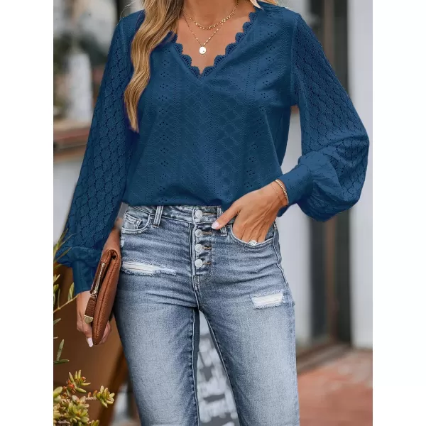 imageCUPSHE Women Cutout Scalloped Lace Top Long Lace Sleeves Shirts V Neck BlousesBlue