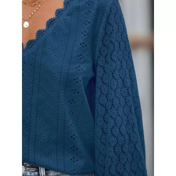 imageCUPSHE Women Cutout Scalloped Lace Top Long Lace Sleeves Shirts V Neck BlousesBlue