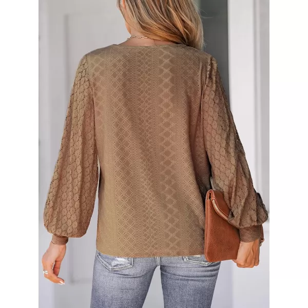 imageCUPSHE Women Cutout Scalloped Lace Top Long Lace Sleeves Shirts V Neck BlousesBrown