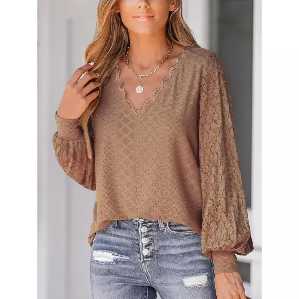 imageCUPSHE Women Cutout Scalloped Lace Top Long Lace Sleeves Shirts V Neck BlousesBrown