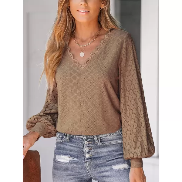 imageCUPSHE Women Cutout Scalloped Lace Top Long Lace Sleeves Shirts V Neck BlousesBrown