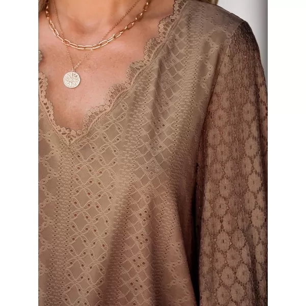 imageCUPSHE Women Cutout Scalloped Lace Top Long Lace Sleeves Shirts V Neck BlousesBrown