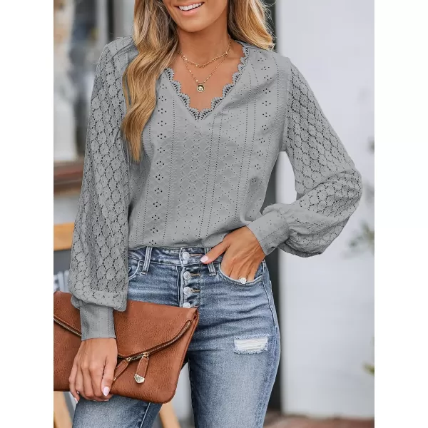 imageCUPSHE Women Cutout Scalloped Lace Top Long Lace Sleeves Shirts V Neck BlousesGrey
