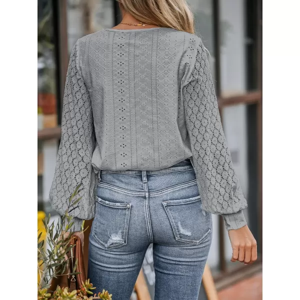 imageCUPSHE Women Cutout Scalloped Lace Top Long Lace Sleeves Shirts V Neck BlousesGrey