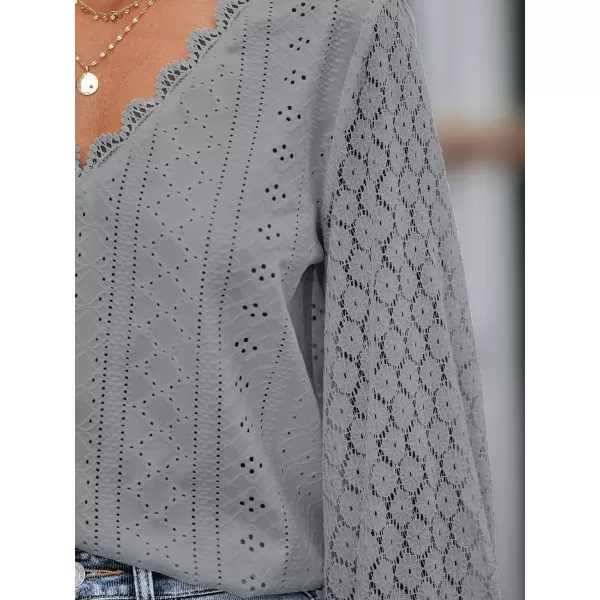 imageCUPSHE Women Cutout Scalloped Lace Top Long Lace Sleeves Shirts V Neck BlousesGrey