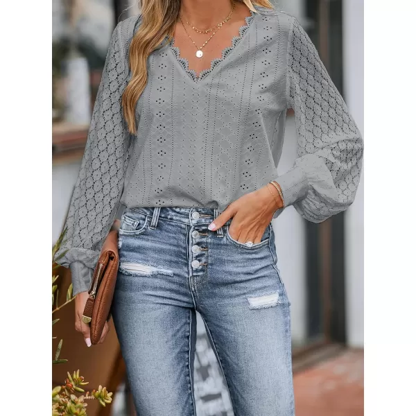 imageCUPSHE Women Cutout Scalloped Lace Top Long Lace Sleeves Shirts V Neck BlousesGrey