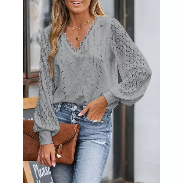 imageCUPSHE Women Cutout Scalloped Lace Top Long Lace Sleeves Shirts V Neck BlousesGrey
